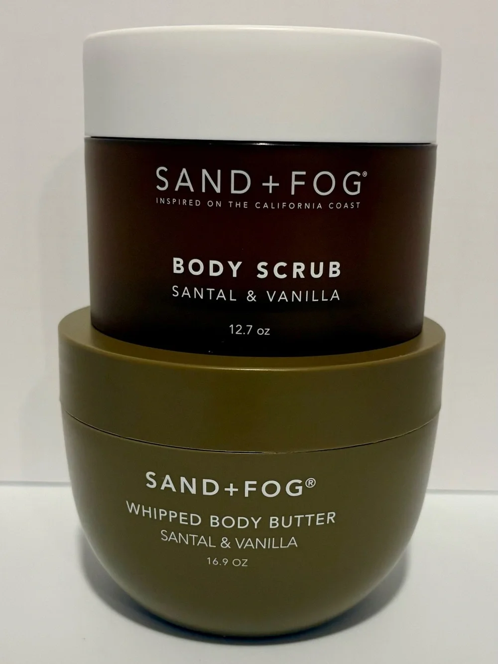 SAND+FOG Santal & Vanilla Body Scrub and Whipped Butter - Brown & Olive
